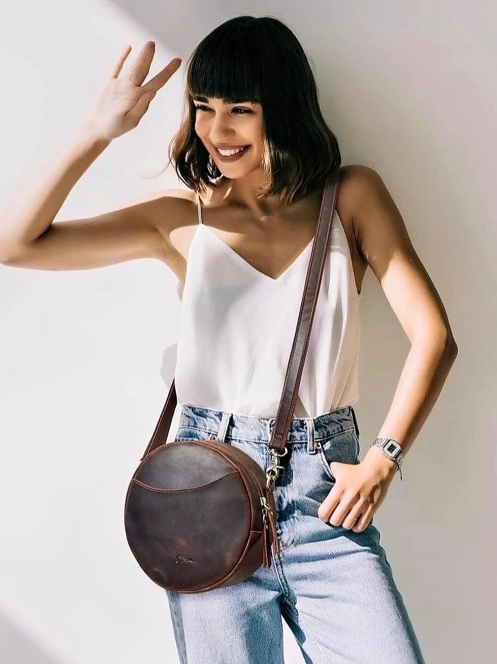 S-ZONE Leather Crossbody Bag for Women Trendy Circle Cross Body Dark Brown